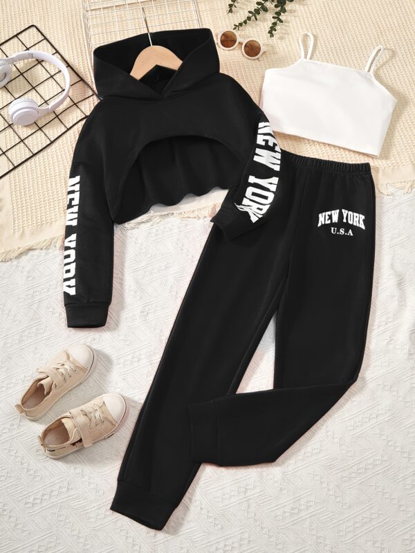 3pcs Girl's Crop Hoodie & Cami Top & Sweatpants Set, NEW YORK Print, Long Sleeve, Casual, Trendy Outfit for Spring Fall Winter - Image 3