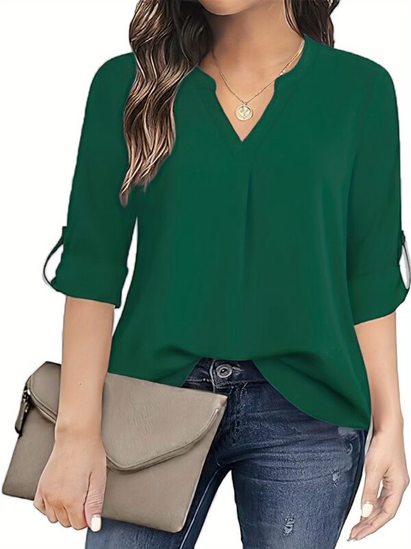 Chic Solid V-Neck Blouse - Fashionable simplicity for Women - Relaxed Casual Long Sleeve Style - Image 2