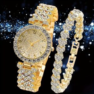 2pcs Elegant Rhinestone Watch Stainless Steel Fashion Minimalist Luxury Full Rhinestone Bracelet Quartz Watch Gifts for Eid