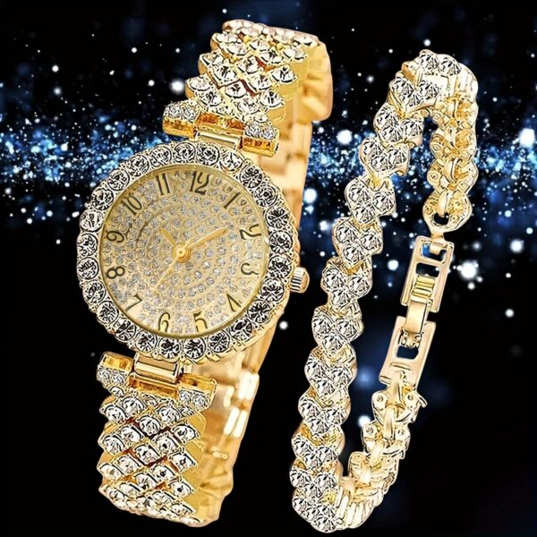 2pcs Elegant Rhinestone Watch Stainless Steel Fashion Minimalist Luxury Full Rhinestone Bracelet Quartz Watch Gifts for Eid