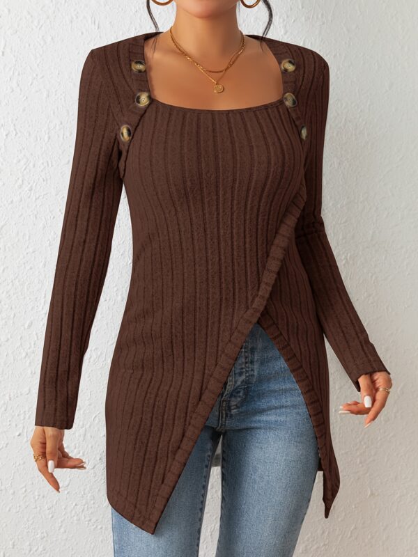 Square Neck Slim Fit Knit Button Decor Slit Hem Slim Fit Casual Long Sleeve T-shirt - Image 2