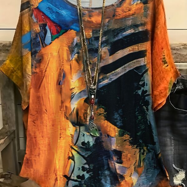 Plus Size Boho T-shirt, Women's Plus Graphic Print Short Sleeve Round Neck Medium Stretch T-shirt - Image 11