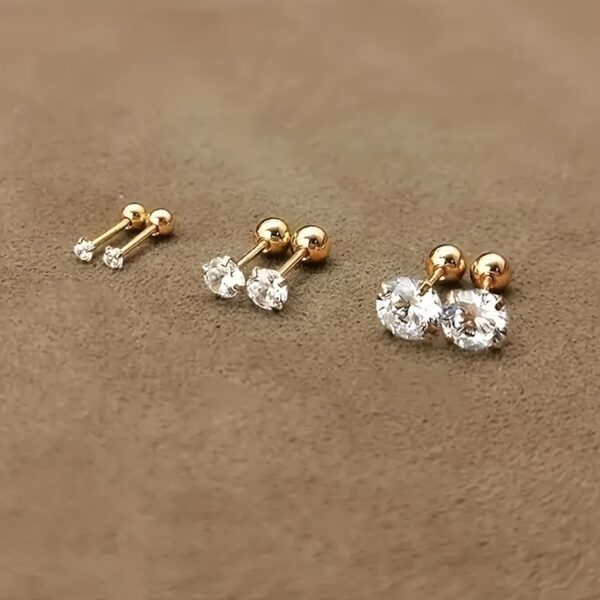 1 Pair or 3 Pairs Stainless Steel 18K Gold Plated Four-claw Twisted Ball Zirconia Earrings - Image 3