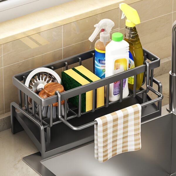 1pc Multifunctional Plastic Dish Cloth and Sponge Holder Rack - Space-Saving Storage with Drip Tray, Rust-Resistant Drainage Stand, and Soap Dispenser Holder - Black Kitchen Sink Caddy Organizer for Home and Kitchen - Image 8