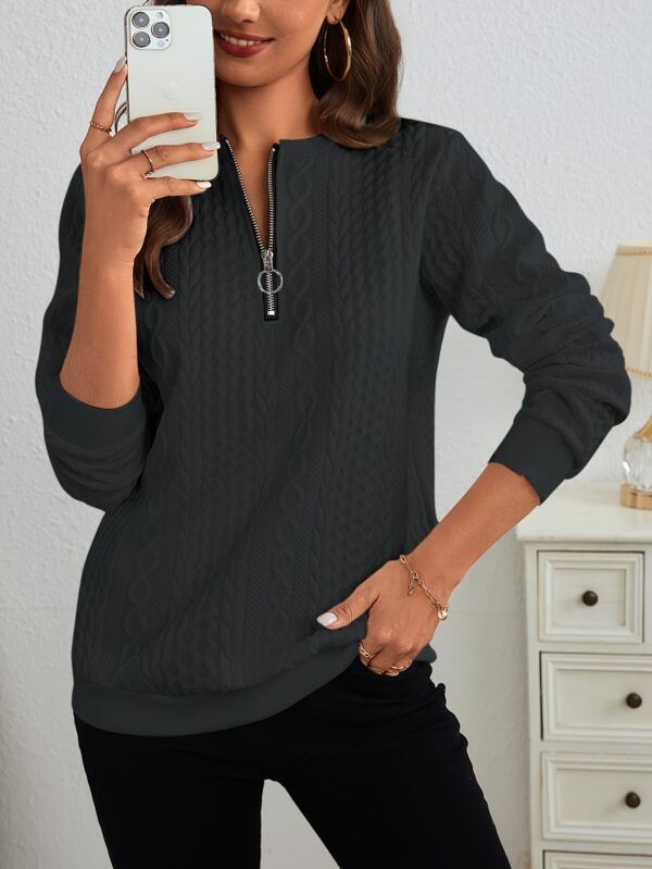 Womens Stylish Quarter Zip Textured Sweatshirt - Cozy Long Sleeve for Fall & Winter - Warm Casual Wear - Comfortable Fit