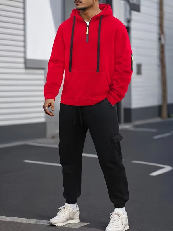 Men's Cozy Solid Color Long Sleeve Hooded Sweatshirt - Soft Casual Wear for Fall/Winter - Kangaroo Pocket, Half-Zip Design, Daily Wear Essential - Image 6