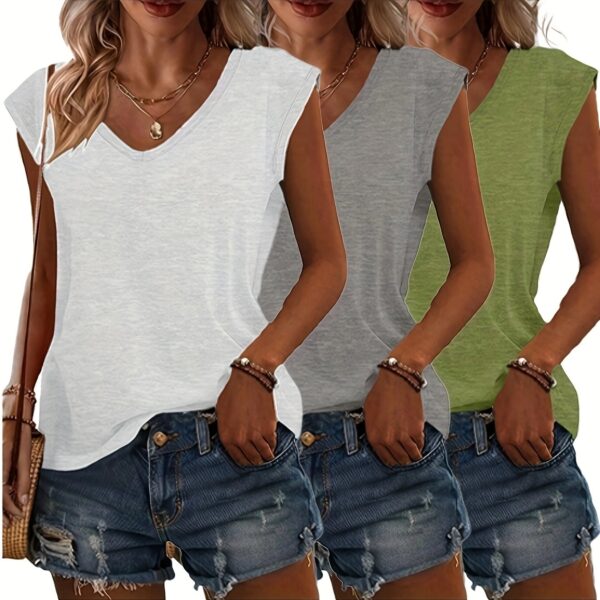 3pcs Women's Casual V-Neck Short Sleeve T-Shirts - Lightweight Summer Tops in Pink, Blue, Grey | Breathable Solid Color Tees for Casual Attire, Relaxed Fit Clothing, Versatile Fashion, Soft Texture, Warm Weather Outfits, Simple Design, Comfortable Materia - Image 20