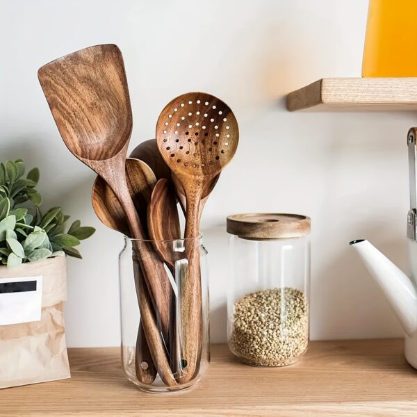 AIUHI 5pcs Wooden Kitchen Utensils Set, Wooden Spoons Natural Spurtle Set for Non-stick Pan Kitchen Tool Ladle and Wok Spatulas - Image 2