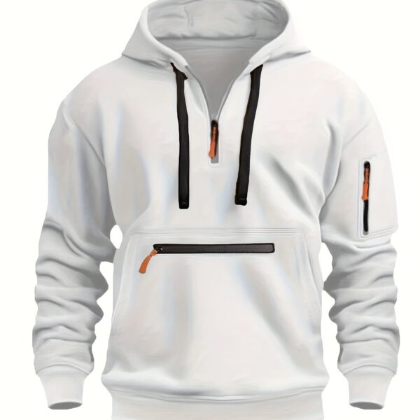 Men's Cozy Solid Color Long Sleeve Hooded Sweatshirt - Soft Casual Wear for Fall/Winter - Kangaroo Pocket, Half-Zip Design, Daily Wear Essential - Image 20