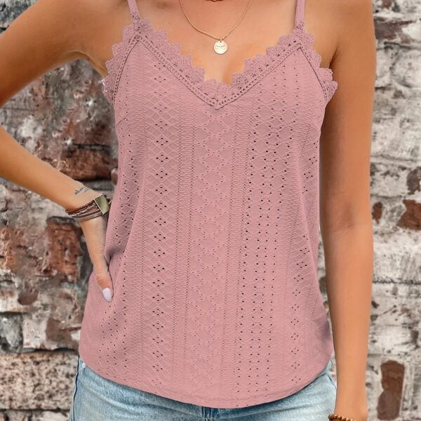 Eyelet Contrast Lace Cami Top, Casual V-neck Spaghetti Strap Top For Summer, Women's Clothing For Coquette/Cute/Y2K Style - Image 18
