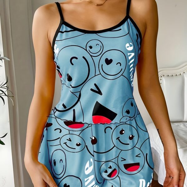 Smiling Face Print Pajama Set, Cute Round Neck Backless Cami Top & Elastic Shorts, Women's Sleepwear - Image 16