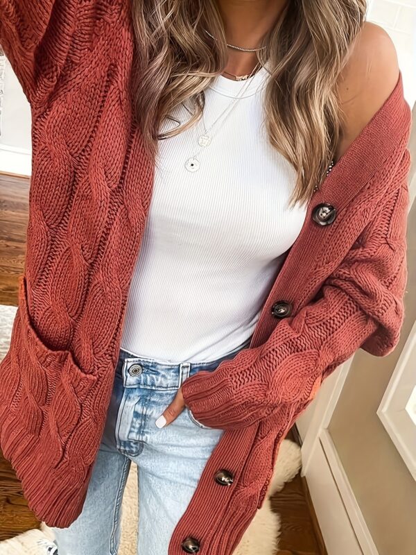 Cozy Cable Knit Cardigan - Chic Button-Up Design - Warm Long Sleeve Top for Women, Perfect for Fall & Winter - Image 9