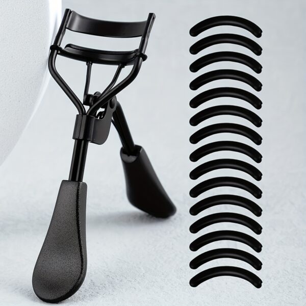 1 Portable Stainless Steel Eyelash Curler with 15 Silicone Pads for Women - No Damage, Lifting, and Shaping for Big Eyes - Image 3