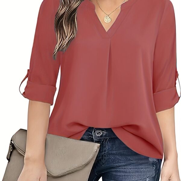 Chic Solid V-Neck Blouse - Fashionable simplicity for Women - Relaxed Casual Long Sleeve Style - Image 20