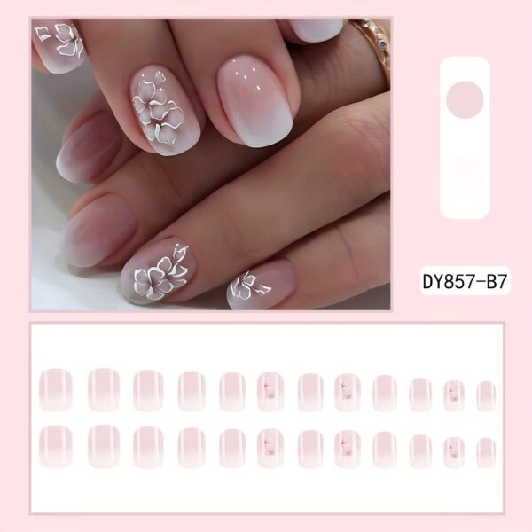 24pcs Glossy Short Square Fake Nails, White Pinkish Gradient Press On Nails With Flower Design, Sweet Cool Full Cover False Nails For Women Girls - Image 2