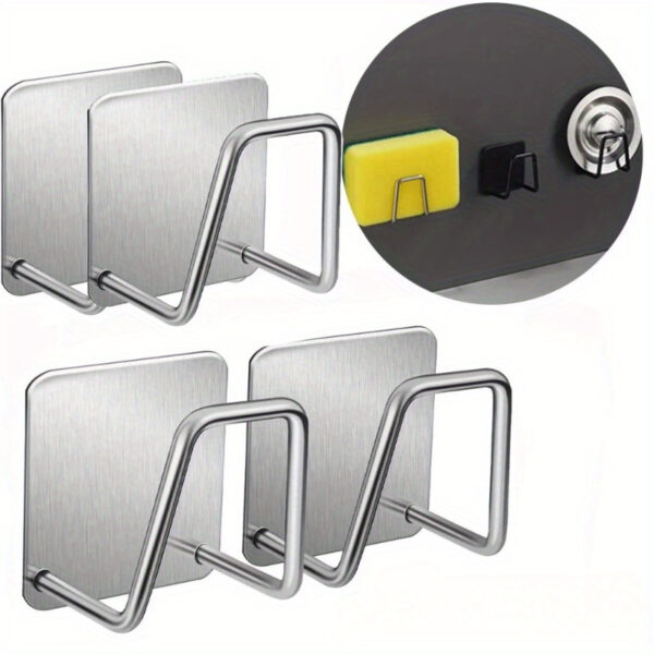 4pcs Stainless Steel Kitchen & Bathroom Organizer Set - Sink Drain Rack, Sponge Holder with Hooks for Cleaning Supplies - Image 12