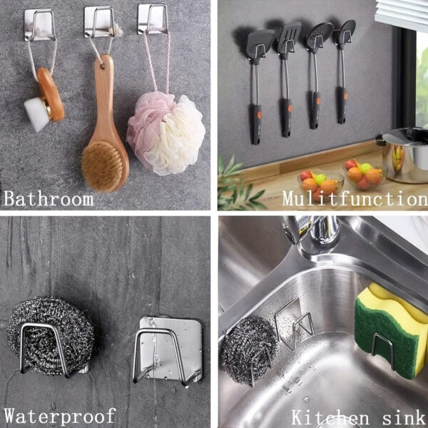 4pcs Stainless Steel Kitchen & Bathroom Organizer Set - Sink Drain Rack, Sponge Holder with Hooks for Cleaning Supplies - Image 9