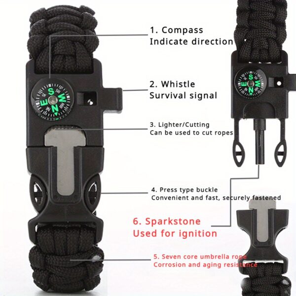 5-in-1 Bracelet With Compass, Whistle, Fire Starter, Cutting Tool, And Emergency Rope, For Hiking And Camping - Image 2