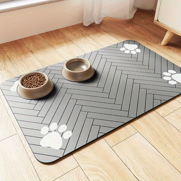 1pc Fast-Drying Diatomaceous Earth Pet Feeding Mat – Splash-Proof, Absorbent, Easy to Clean for Dogs and Cats, Herringbone Pattern with Paw Print Design, Black, Pet Feeding Mats Washable - Image 4