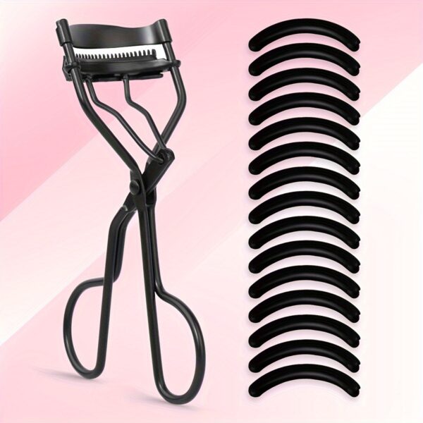 1 Portable Stainless Steel Eyelash Curler with 15 Silicone Pads for Women - No Damage, Lifting, and Shaping for Big Eyes - Image 11