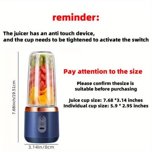 400ml Portable Electric Juicer Blender Cup, Wireless Rechargeable Mini Juice Mixer with 6-Blade Dual Cup for Smoothies, Vegetables, and Fruits, Push Button Control, USB-C Charging, Food-Grade ABS, Non-Heating, 1500mAh Lithium Battery - Image 2
