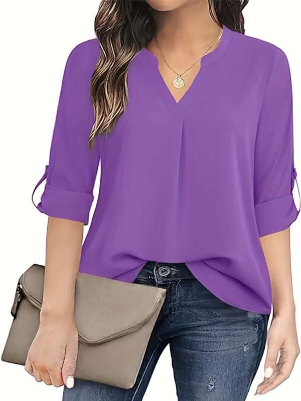 Chic Solid V-Neck Blouse - Fashionable simplicity for Women - Relaxed Casual Long Sleeve Style - Image 4