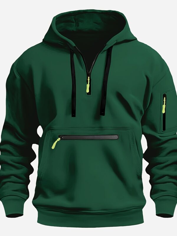 Men's Cozy Solid Color Long Sleeve Hooded Sweatshirt - Soft Casual Wear for Fall/Winter - Kangaroo Pocket, Half-Zip Design, Daily Wear Essential - Image 5