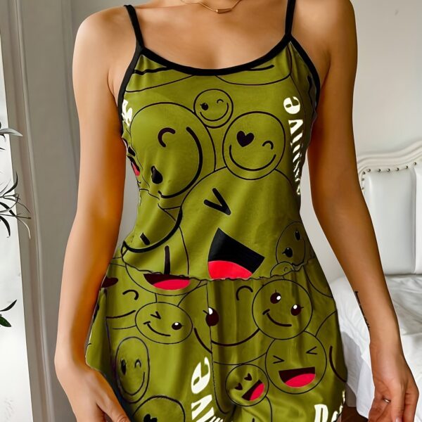 Smiling Face Print Pajama Set, Cute Round Neck Backless Cami Top & Elastic Shorts, Women's Sleepwear - Image 20
