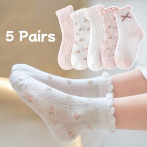 5pcs Girls' Breathable Mesh Socks with Cute Bowknots - Floral Pattern, Perfect for Spring/Summer