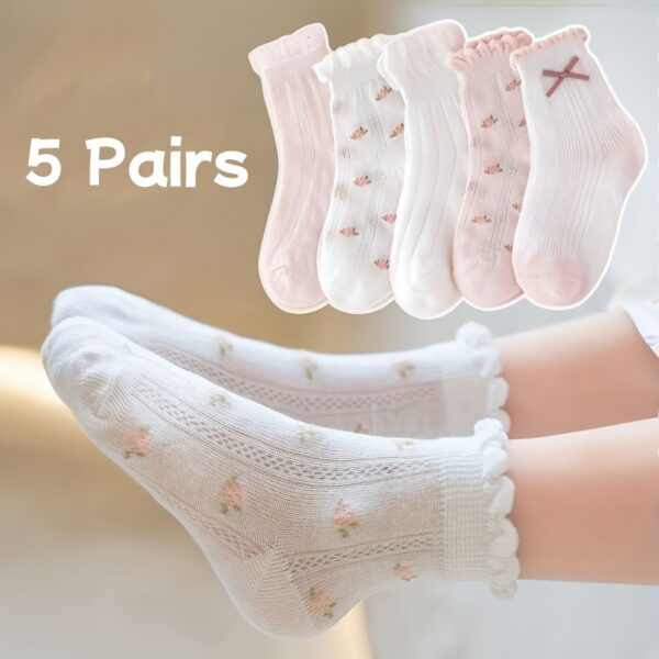 5pcs Girls' Breathable Mesh Socks with Cute Bowknots - Floral Pattern, Perfect for Spring/Summer
