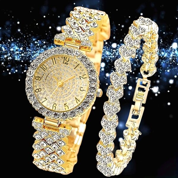 2pcs Elegant Rhinestone Watch Stainless Steel Fashion Minimalist Luxury Full Rhinestone Bracelet Quartz Watch Gifts for Eid - Image 14