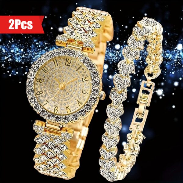 2pcs Elegant Rhinestone Watch Stainless Steel Fashion Minimalist Luxury Full Rhinestone Bracelet Quartz Watch Gifts for Eid - Image 7