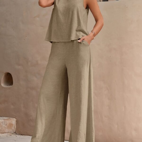 Women'S Stylish Red Sleeveless Top & Wide-Leg Pants Set - Polyester, Solid Color, Spring/Summer Casual Wear, Sleeveless Blouse|Casual Attire|Polyester Fabric - Image 5