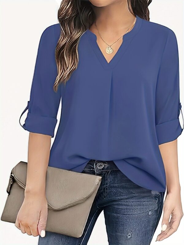 Chic Solid V-Neck Blouse - Fashionable simplicity for Women - Relaxed Casual Long Sleeve Style - Image 11