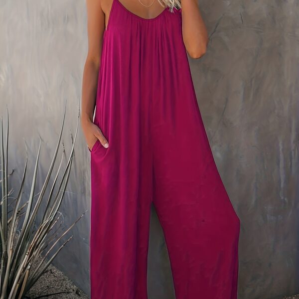 Women'S Light Blue Sleeveless Jumpsuit with Pockets - Casual Polyester Knit Fabric, V-Neck, Summer 2023, Beach Coverup, Beach Coverup Jumpsuit | Casual Style Jumpsuit | Knit Construction - Image 16