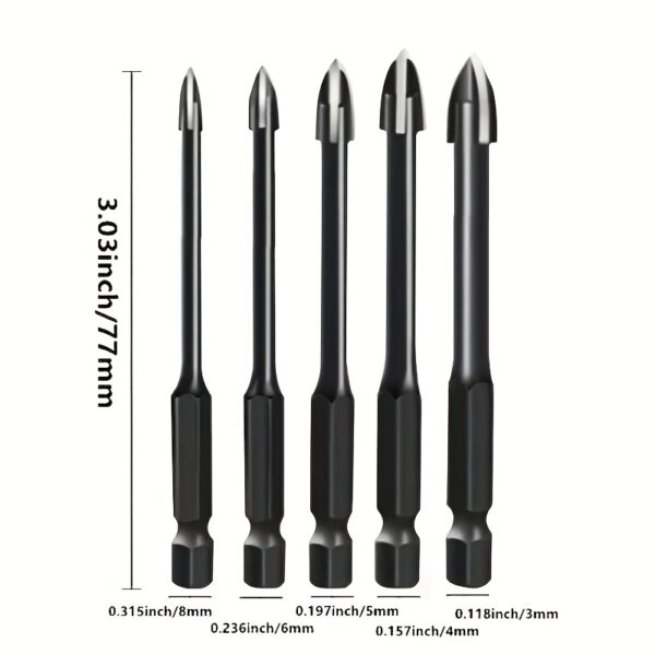 5pcs High-efficiency Universal Drilling Tool, Hexagonal Shank Cross Reaming Triangular Drill Bit, Glass Ceramic Woodworking Electric Tool, Hard Alloy Rust Proof Accessory, Cross Spear Head Drill Bit 3/4/5/6/8mm - Image 7