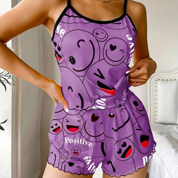 Smiling Face Print Pajama Set, Cute Round Neck Backless Cami Top & Elastic Shorts, Women's Sleepwear - Image 18