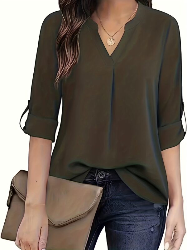Chic Solid V-Neck Blouse - Fashionable simplicity for Women - Relaxed Casual Long Sleeve Style - Image 3