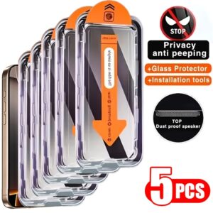 5pcs Full Cover Privacy Screen Protector for iPhone 16/15/14/13/12/11/16 Pro Max/15 Pro Max/Plus/Mini/X/XS/XR/XS Max, 9H Tempered Glass Film, Dynamic Island Compatible, Anti-Scratch, Anti-Fingerprint, Case Friendly, Glossy Screen Surface, Dust Proof Speak