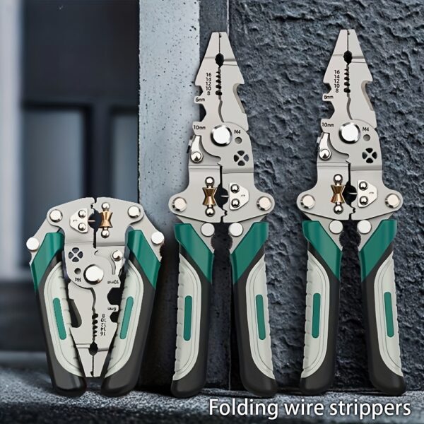 Foldable Multi-Tool Pliers for Electricians - Durable High Carbon Steel with Wire Strippers, Cutters, and Crimper - Compact Design for On-the-Go Electrical Work - Green & Gray Handles, Versatile Strippers | Ergonomic Handles | Multifunctional Tool
