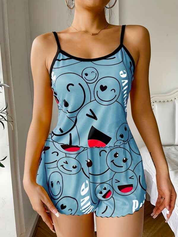 Smiling Face Print Pajama Set, Cute Round Neck Backless Cami Top & Elastic Shorts, Women's Sleepwear - Image 5