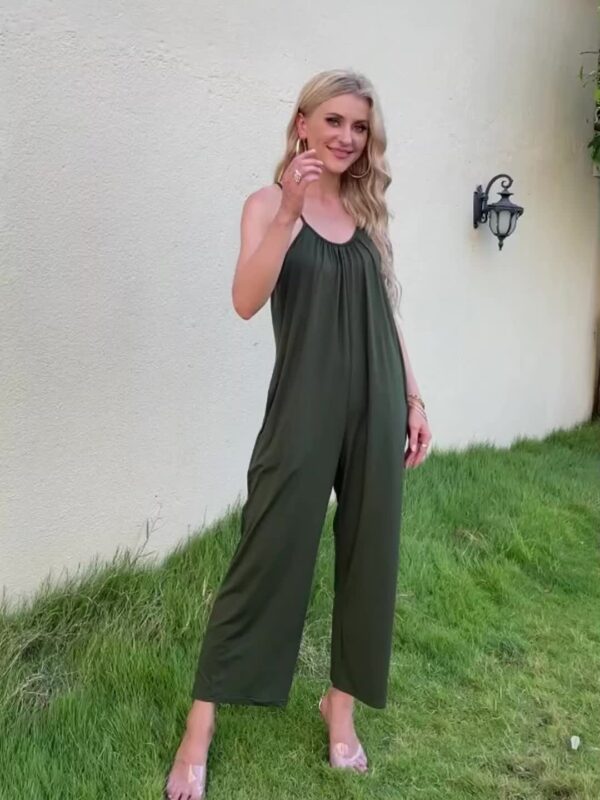 Women'S Light Blue Sleeveless Jumpsuit with Pockets - Casual Polyester Knit Fabric, V-Neck, Summer 2023, Beach Coverup, Beach Coverup Jumpsuit | Casual Style Jumpsuit | Knit Construction - Image 10