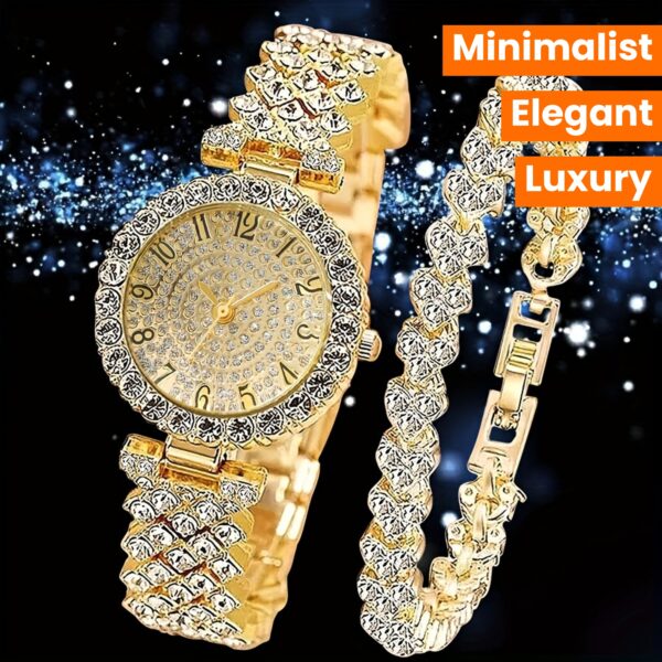 2pcs Elegant Rhinestone Watch Stainless Steel Fashion Minimalist Luxury Full Rhinestone Bracelet Quartz Watch Gifts for Eid - Image 10