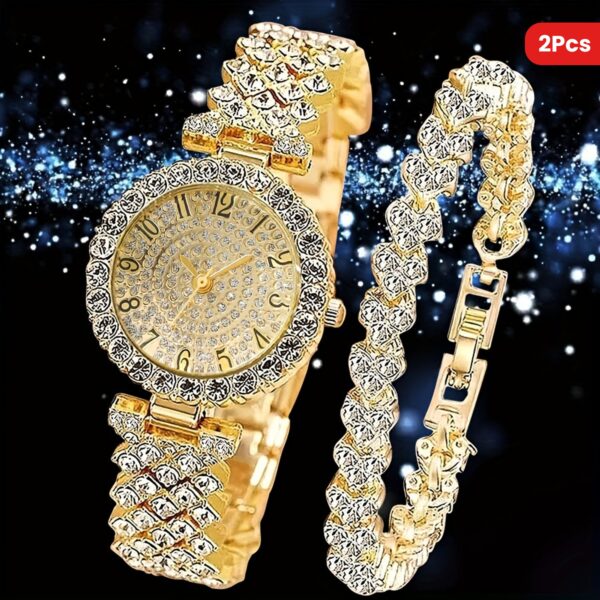 2pcs Elegant Rhinestone Watch Stainless Steel Fashion Minimalist Luxury Full Rhinestone Bracelet Quartz Watch Gifts for Eid - Image 12