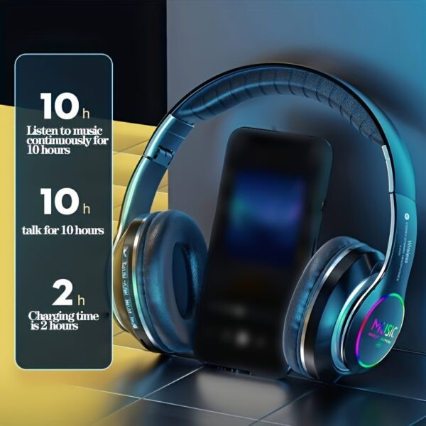 [Wireless Deep Bass Headphones] Foldable Wireless Headphones with Deep Bass, Lightweight Gaming Earbuds with Built-in Mic, 3.5mm Audio Cable Compatible, USB Type-C Charging, Non-Waterproof, Push Button Volume Control, for Travel & Work, Adult - No Charger - Image 4