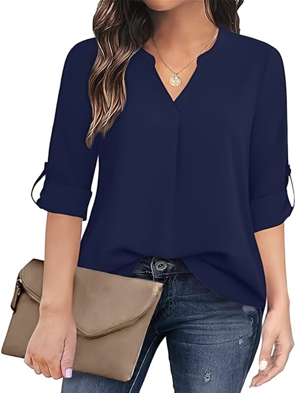 Chic Solid V-Neck Blouse - Fashionable simplicity for Women - Relaxed Casual Long Sleeve Style - Image 5