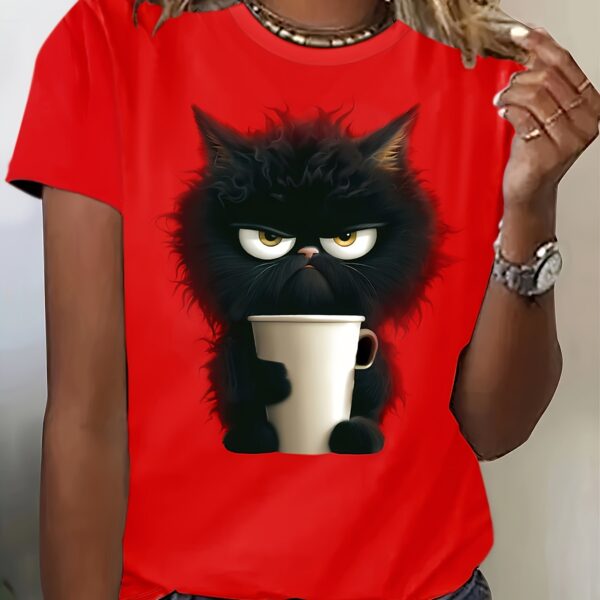 Cat Print T-shirt, Casual Short Sleeve Crew Neck Top For Spring & Summer, Women's Clothing - Image 11