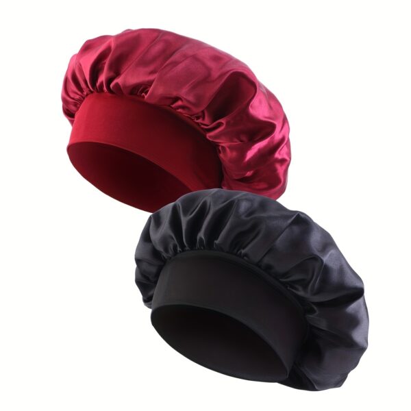 2pcs/set Solid Color Satin Bonnet Classic Elastic Sleeping Night Cap Soft Bath Shower Cap Imitation Silk Elastic Hair Bonnets For Women - Image 9