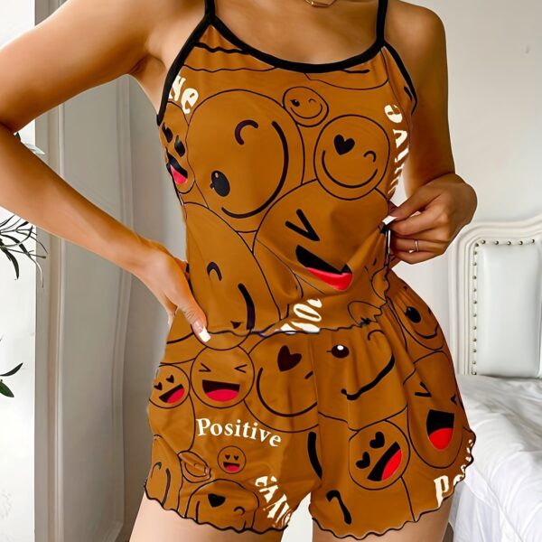 Smiling Face Print Pajama Set, Cute Round Neck Backless Cami Top & Elastic Shorts, Women's Sleepwear - Image 15