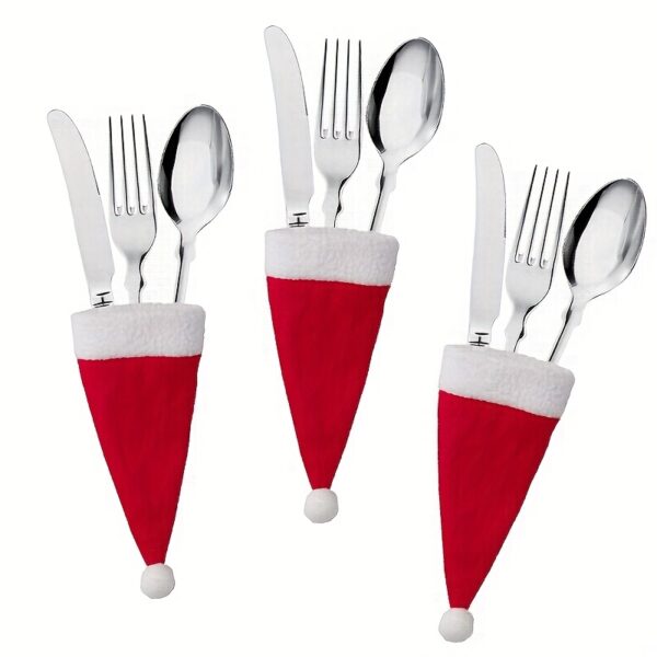 10pcs, Christmas Knife And Fork Small Hat, 6*12cm Red Mini Christmas Hat, Wine Bottle Knife And Fork Table Decoration, Suitable For Winter Christmas And All Seasons, Furry Christmas Accessories, Kitchen Accessories, Kitchen Dining Decoration